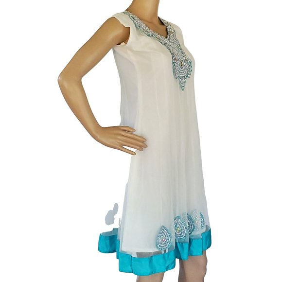 White Beaded A Line Sun Dress Women's XS Sleeveless Teal Trim Lined Netted - Picture 5 of 12